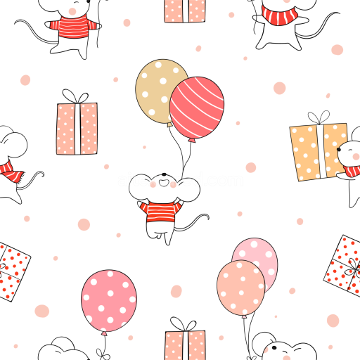 Seamless 3D PBR Texture Featuring Cute Cartoon Mice with Balloons and Gifts