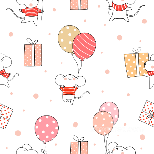 Featuring Cute Cartoon Mice with Balloons and Gifts seamless Birthday PBR texture