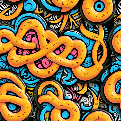 Seamless 3D PBR Graffiti Texture Featuring Bold Orange Loops and Blue Abstract Forms