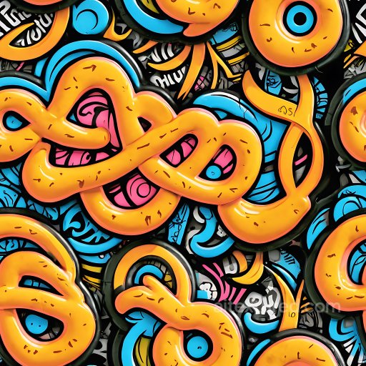 Seamless 3D PBR Graffiti Texture Featuring Bold Orange Loops and Blue Abstract Forms texture preview