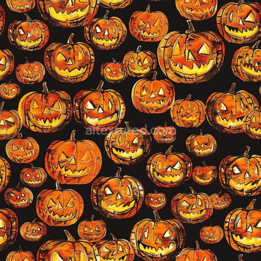 Seamless 3D PBR Texture of Vintage Halloween Jack-o'-Lantern Pumpkins Pattern