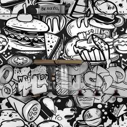seamless Seamless 3D PBR Texture Featuring Black & White Food-Themed Graffiti Art texture 8k free download PBR
