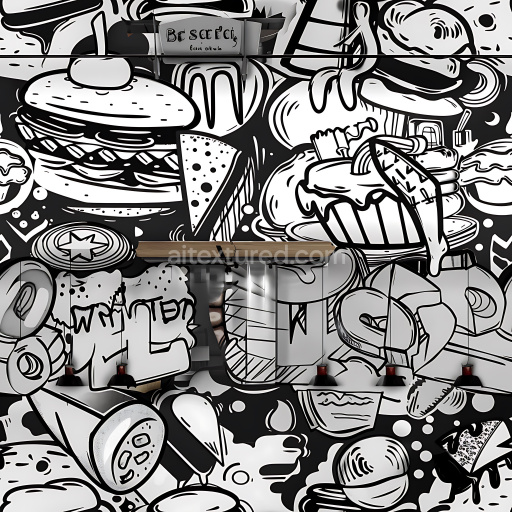 Seamless 3D PBR Texture Featuring Black & White Food-Themed Graffiti Art