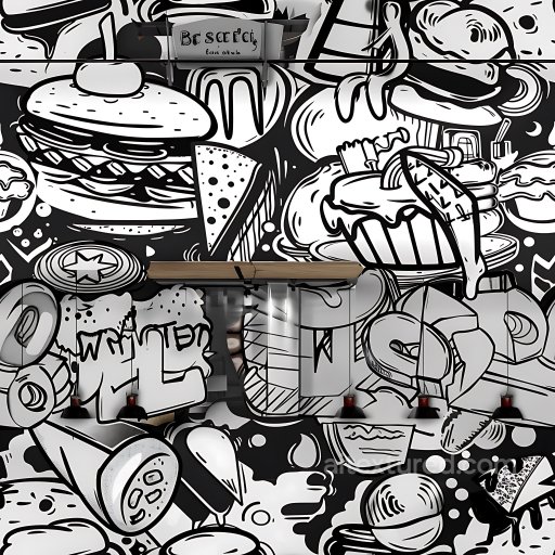 Seamless 3D PBR Texture Featuring Black & White Food-Themed Graffiti Art texture preview