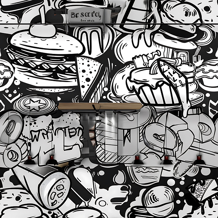 Featuring Black & White Food-Themed Graffiti Art seamless PBR texture preview