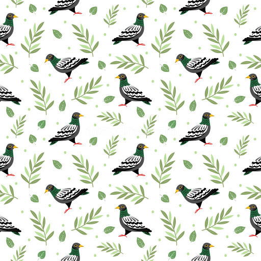 Pattern Bundle - Seamless 3D Pattern PBR Texture Featuring Stylized Pigeon Motifs and Green Leafy Elements texture preview