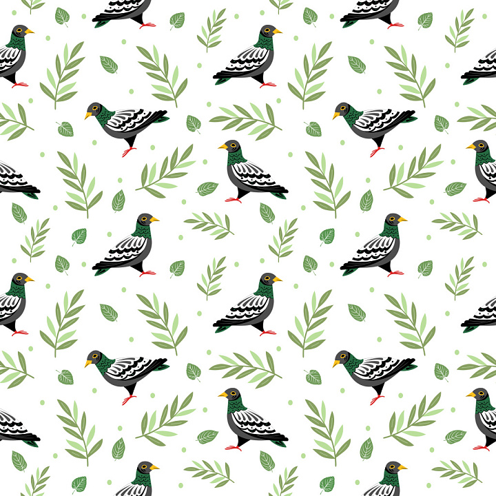 Pattern Featuring Stylized Pigeon Motifs and Green Leafy Elements seamless PBR texture preview
