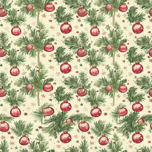 Seamless 3D PBR Texture of Vintage Christmas Ornaments and Pine Branches