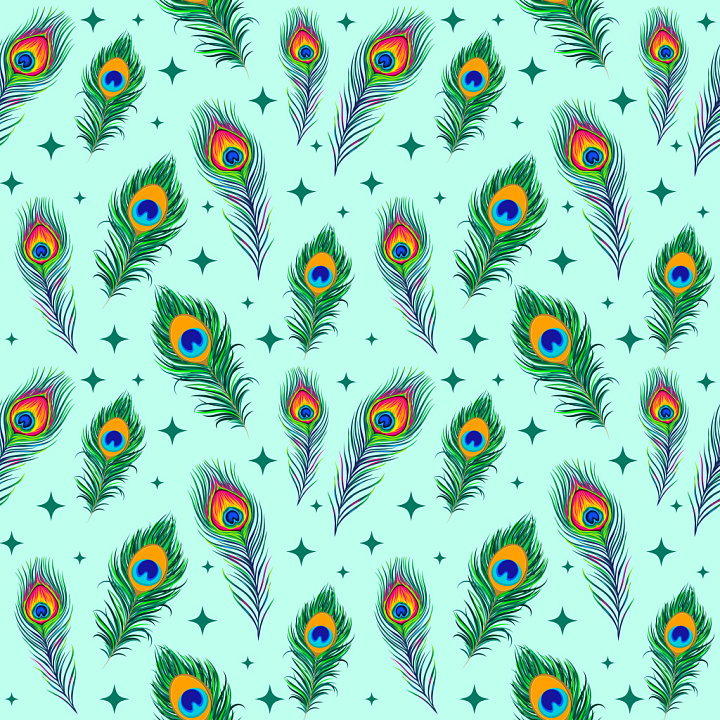 Pattern Featuring Vibrant Peacock Feather Motifs on Mint Background seamless PBR texture preview