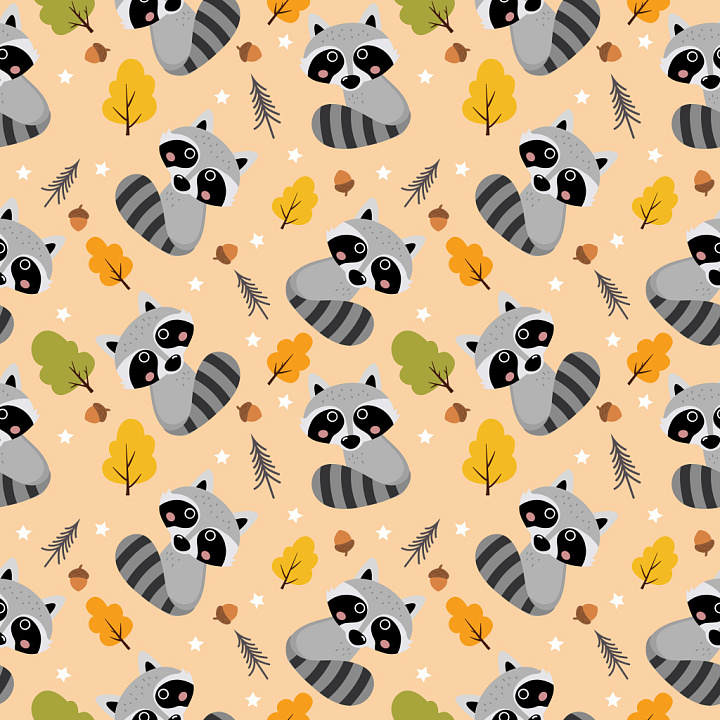 Pattern with Playful Raccoon Motifs and Autumn Leaves seamless PBR texture preview