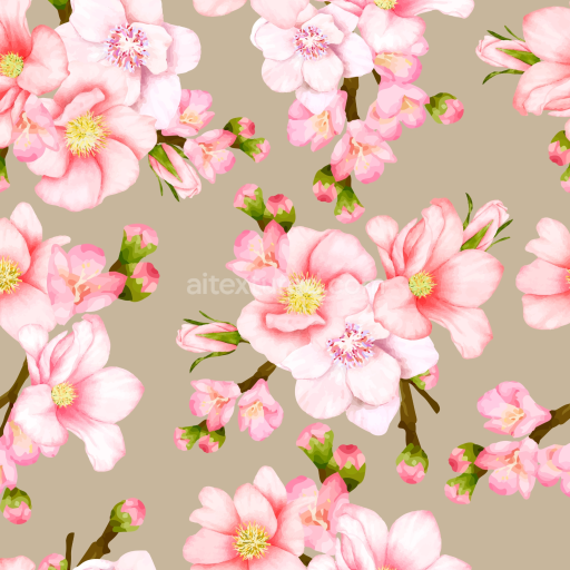 Seamless 3D PBR Texture of Soft Pink Watercolor Cherry Blossoms on Beige Background