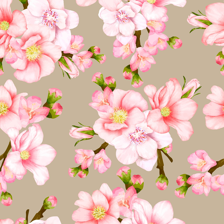 Soft Pink Watercolor Cherry Blossoms on Beige Background seamless PBR texture preview