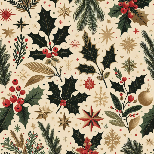Seamless 3D PBR Texture of Vintage Christmas Foliage and Stars Pattern