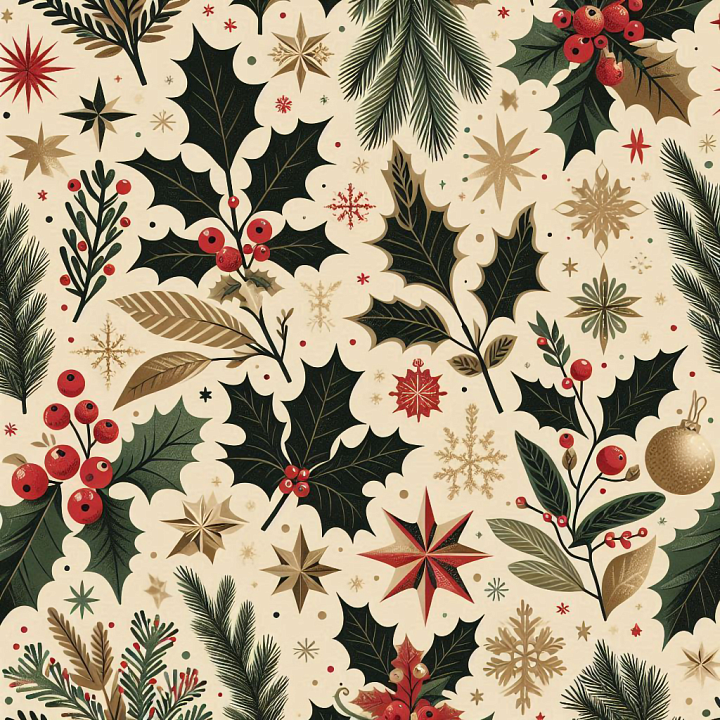 Christmas Vintage of Vintage Christmas Foliage and Stars Pattern seamless PBR texture preview