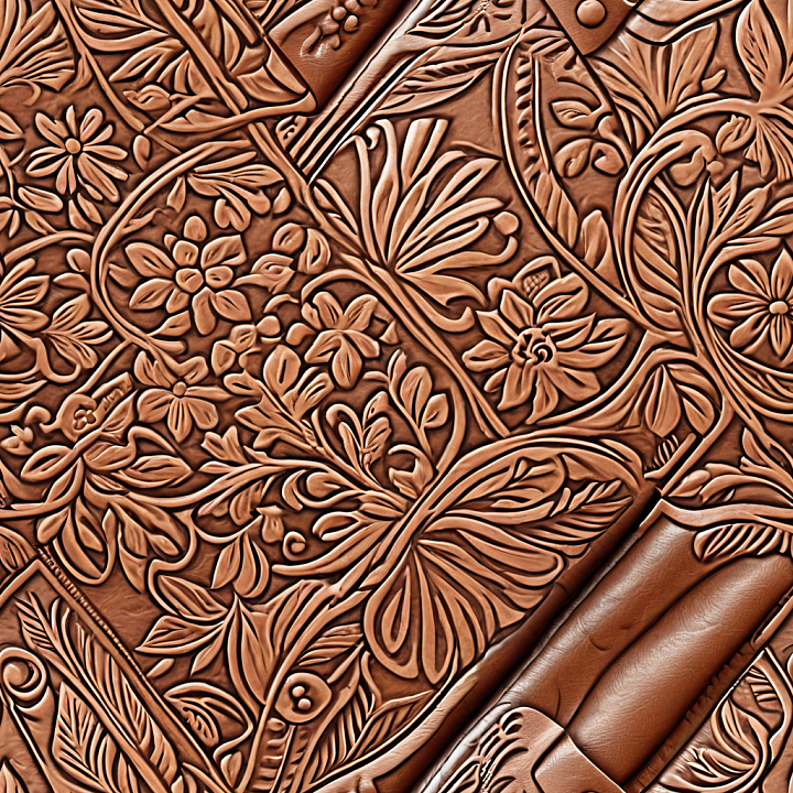 Embossed Floral Pattern Leather In Warm Brown Tones seamless PBR texture preview