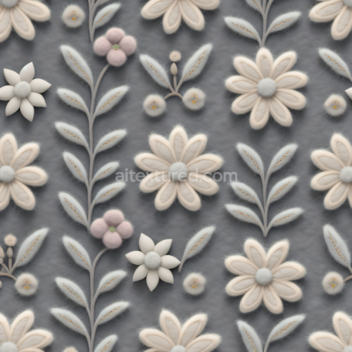 Seamless 3D PBR Texture of Soft Gray Fabric with Cream and Pink Embroidered Floral Pattern