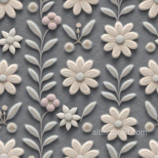 Embroidered Floral Texture of Soft Gray Fabric with Cream and Pink Embroidered Floral Pat… seamless Embroidered floral PBR texture