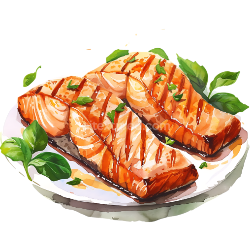 Breakfast Grilled Salmon Meal with Fresh Green Herbs in Watercolor Style