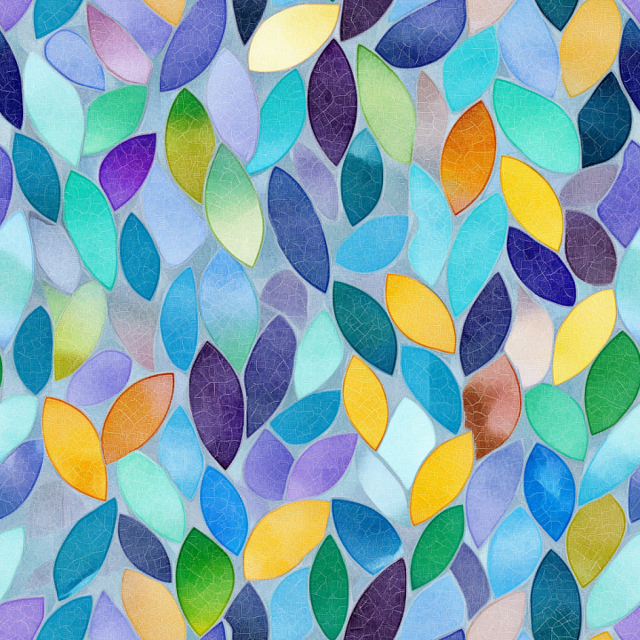 Mosaic Featuring Vibrant Leaf-Shaped Tiles with Glossy Crackle Finish seamless PBR texture preview