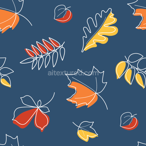 Seamless 3D PBR autumn leaves pattern texture with colorful line art on blue