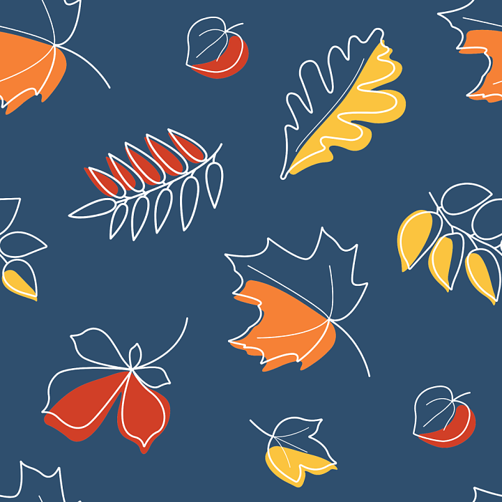 Autumn Leaves Pattern With Colorful Line Art On Blue seamless PBR texture preview