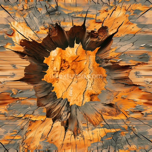 Seamless 3D Cracked Wood Hole PBR Texture with Chipped Edges and Darkened Splits