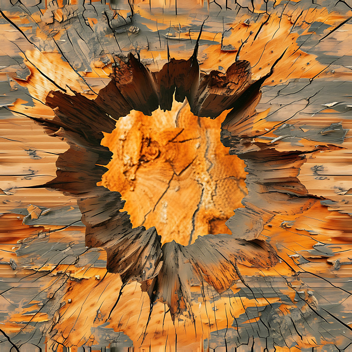 Cracked Wood Hole with Chipped Edges and Darkened Splits seamless PBR texture preview