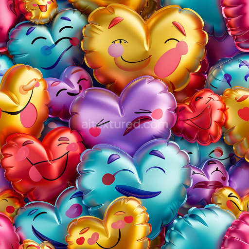 Seamless 3D Inflated Heart-Shaped Foil Balloon PBR Texture with Smiling Faces