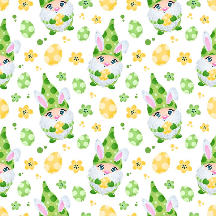 Featuring Cute Easter Gnomes, Polka-Dot Eggs, and Spring Flowers seamless PBR texture preview