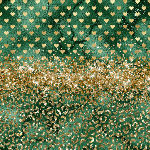 Seamless 3D PBR Texture of Green Velvet Fabric with Gold Glitter Hearts and Leopard Spots