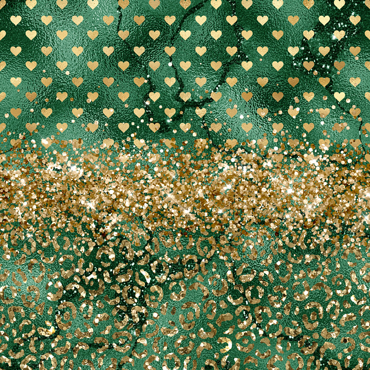 St Patrick of Green Velvet Fabric with Gold Glitter Hearts and Leopard… seamless PBR texture preview