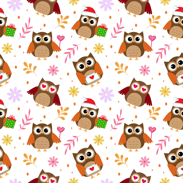 Pattern with Playful Owl Motifs and Colorful Floral Accents seamless PBR texture preview