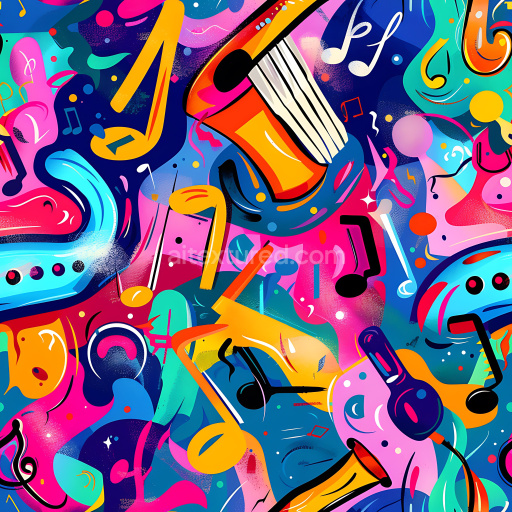Seamless 3D PBR Texture Featuring Colorful Music-Themed Graffiti Pattern