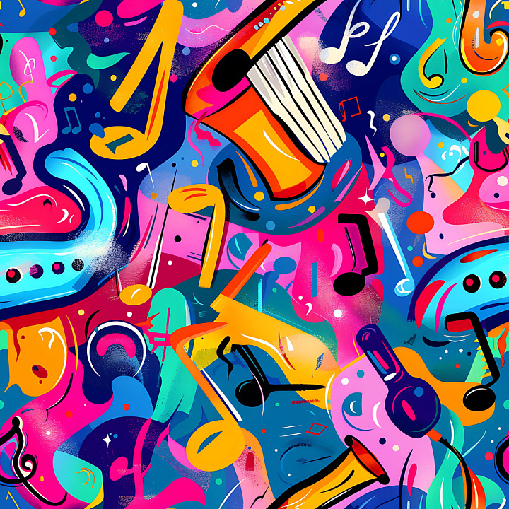 Featuring Colorful Music-Themed Graffiti Pattern seamless PBR texture preview