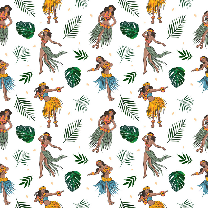 Pattern of Hawaiian Hula Dancers with Tropical Leaves seamless PBR texture preview