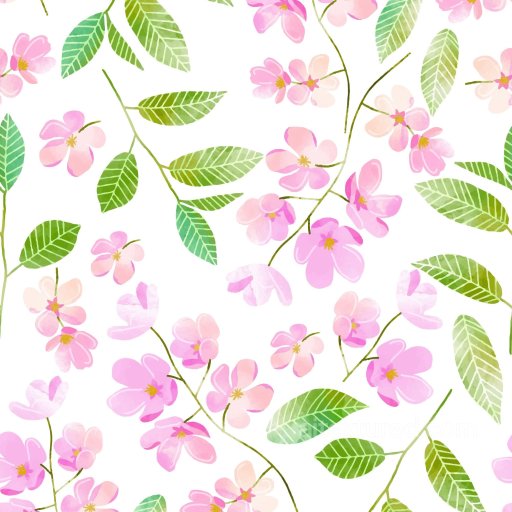 Watercolor Cherry Floral Texture with Pink Blossoms and Green Leaves seamless Watercolor Cherry PBR texture