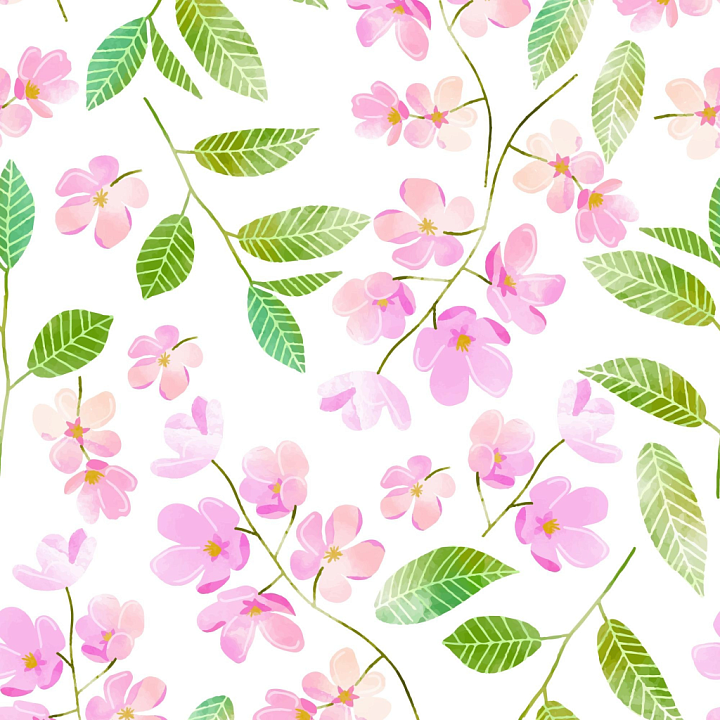 Watercolor Cherry Floral with Pink Blossoms and Green Leaves seamless PBR texture preview