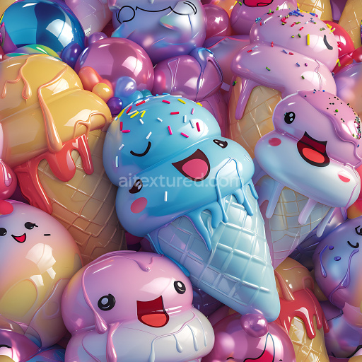Seamless 3D Inflated PBR Texture of Colorful Cartoon Ice Cream Cones with Glossy Finish