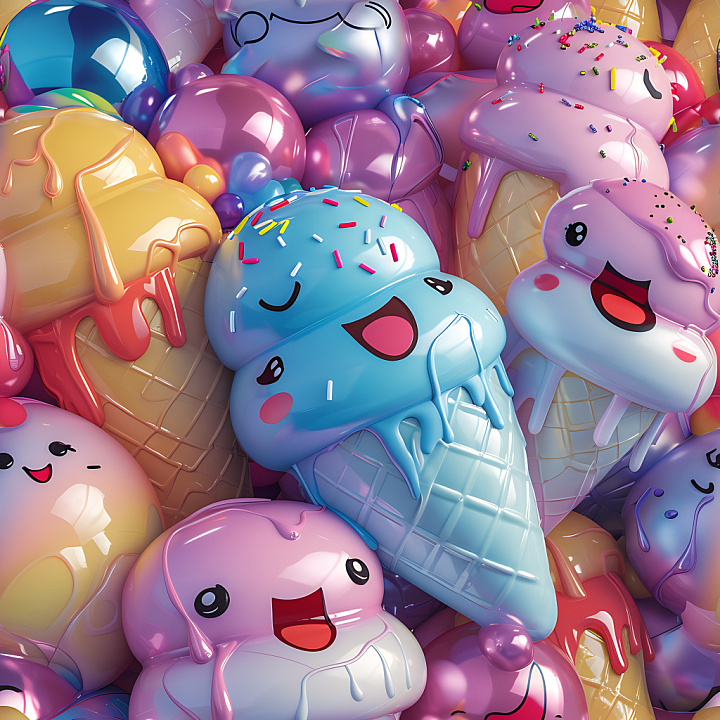 Inflated of Colorful Cartoon Ice Cream Cones with Glossy Finish seamless PBR texture preview