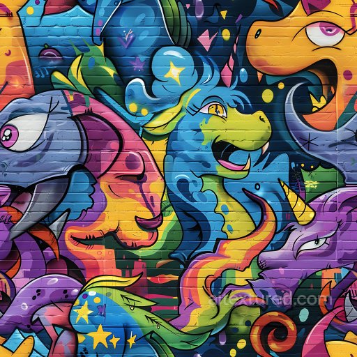 Seamless 3D PBR texture featuring colorful cartoon-style graffiti animals texture preview