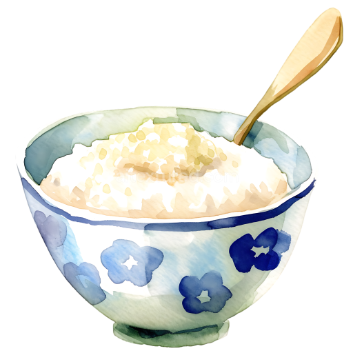 Breakfast Rice Pudding Bowl with Blue Floral Pattern - Watercolor Style