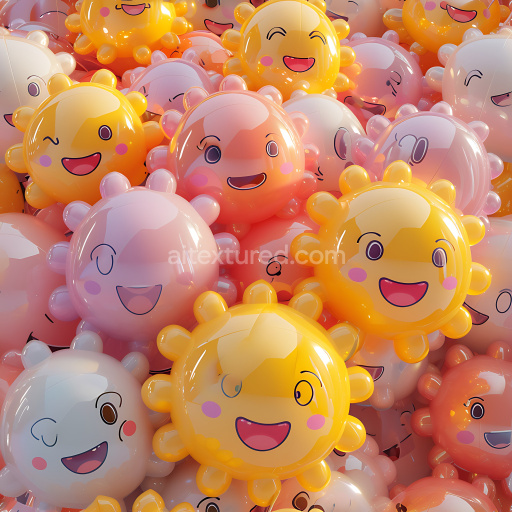 Seamless 3D Inflated PBR Texture Featuring Glossy Cartoon Sun and Cloud Shapes