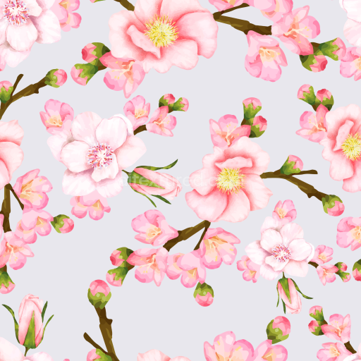 Seamless 3D PBR Texture of Soft Pink Watercolor Cherry Blossoms with Buds