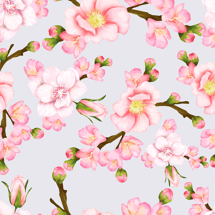 Soft Pink Watercolor Cherry Blossoms with Buds seamless PBR texture preview