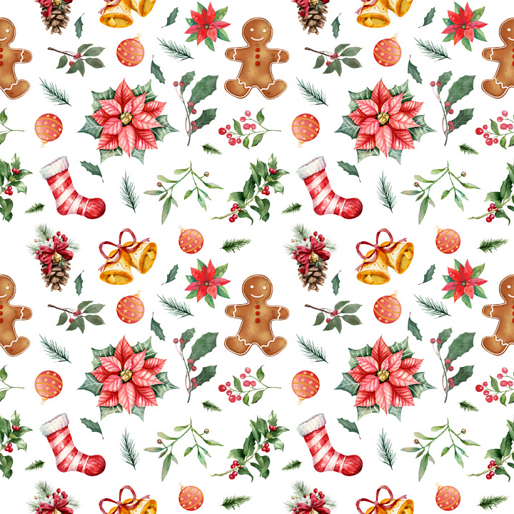 Pattern Featuring Christmas Motifs with Gingerbread, Poinsettia & Holid… seamless PBR texture preview