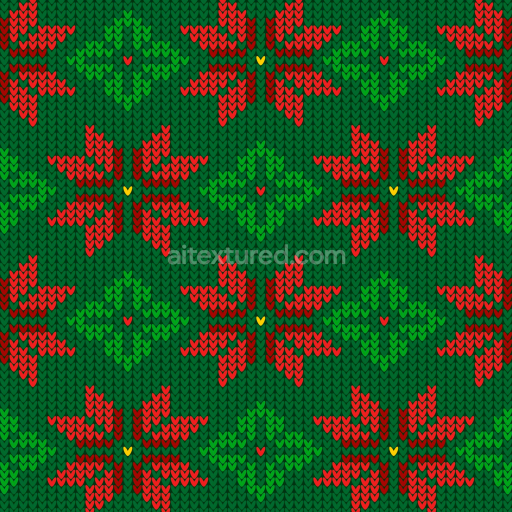 Seamless 3D PBR Texture of Festive Red and Green Knit Fabric with Floral Motif