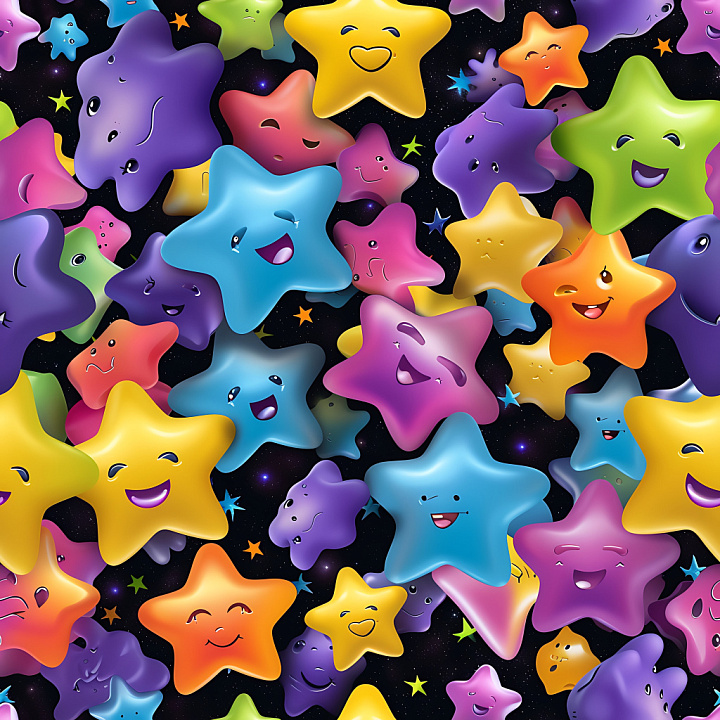 Inflated Colorful Star-Shaped Pillow with Expressive Faces seamless PBR texture preview
