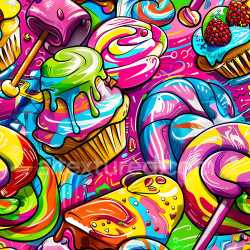 seamless Seamless 3D PBR graffiti texture with vibrant sweets and candy illustrations texture 8k free download PBR