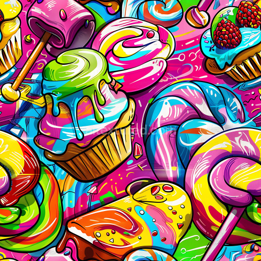 Seamless 3D PBR graffiti texture with vibrant sweets and candy illustrations