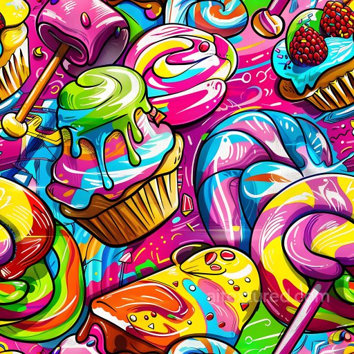 Seamless 3D PBR graffiti texture with vibrant sweets and candy illustrations texture preview